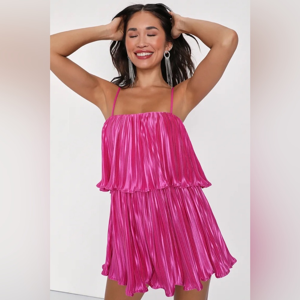 NWOT Fun Flirt Hot Pink Satin Plisse Sleeveless Romper - XS